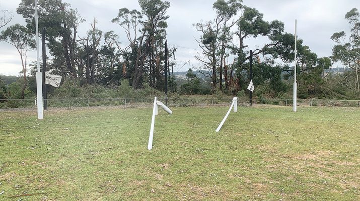 The sheer force of the high winds was enough to bend the goal posts at Mirboo North Recreation Reserve. Photos: Liam Durkin